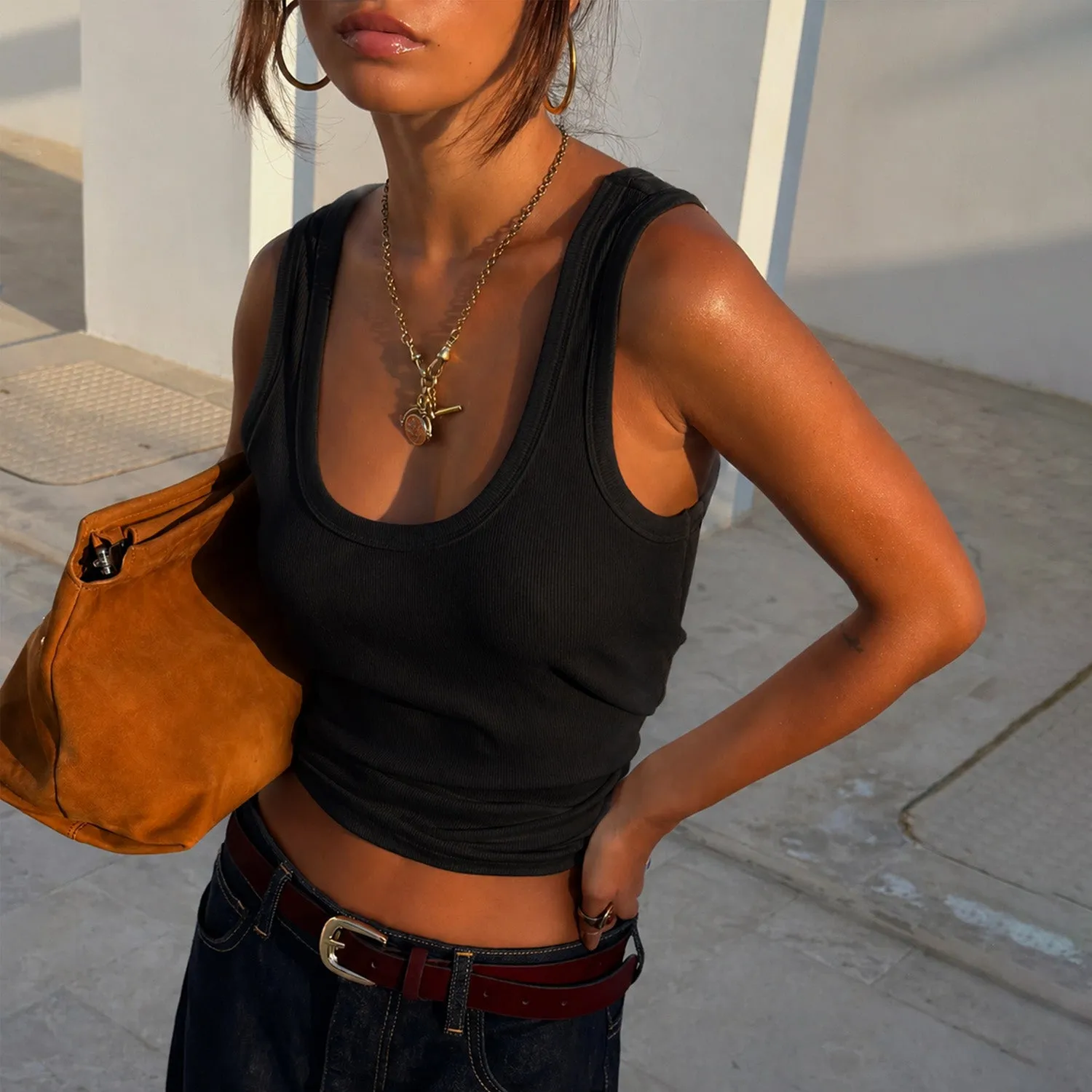 Black Scoop Neck Rib Tank sold by Never Fully Dressed