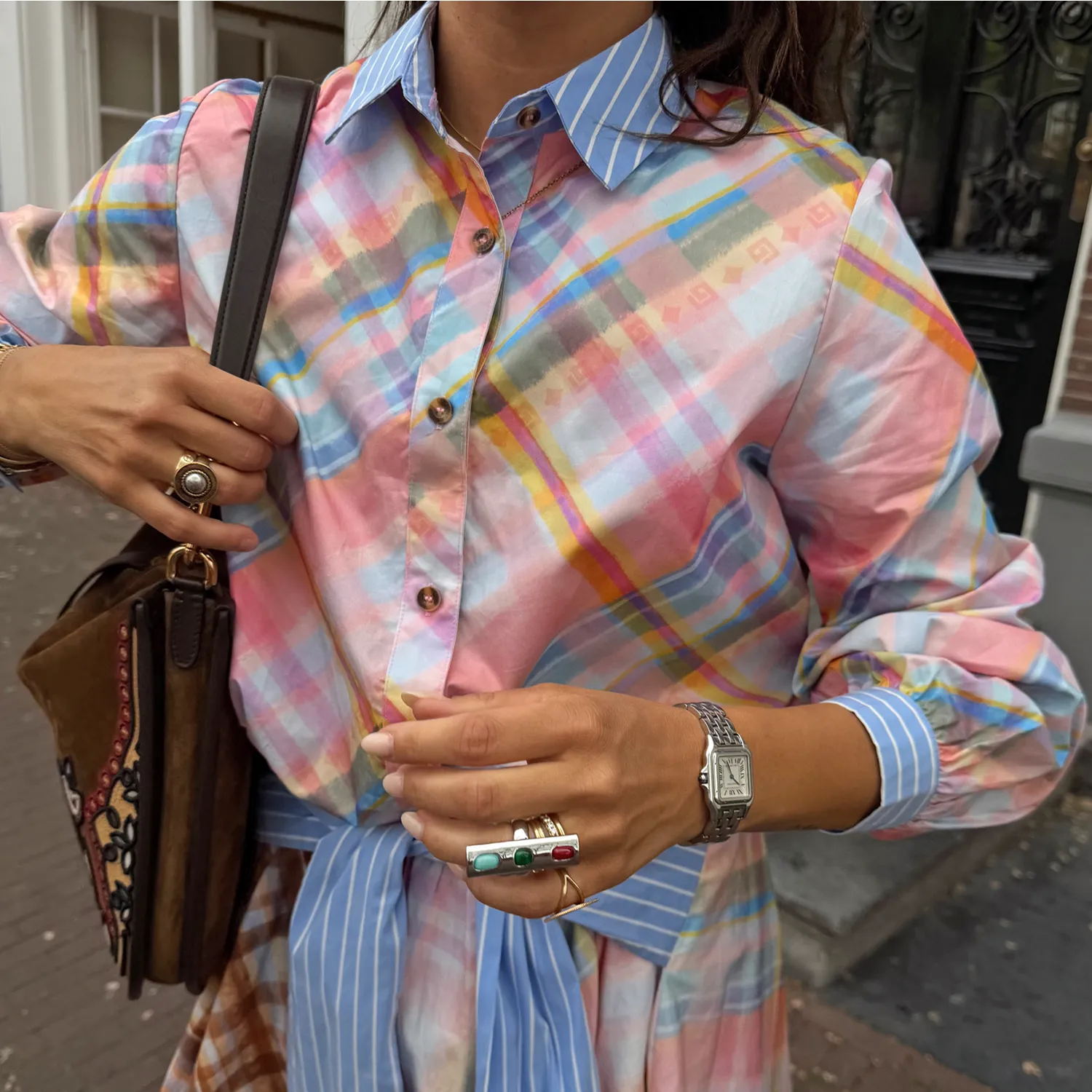 Check Shirt with Stripe Pussy Bow sold by Never Fully Dressed