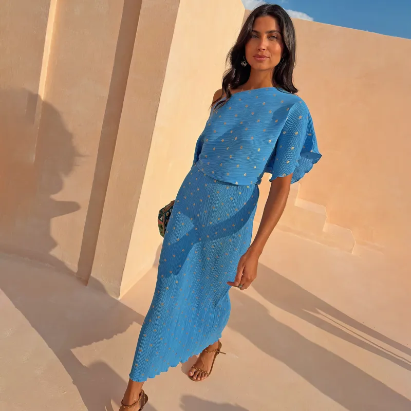 Blue Plisse Tilly Dress with Gold Fleck made by Never Fully Dressed