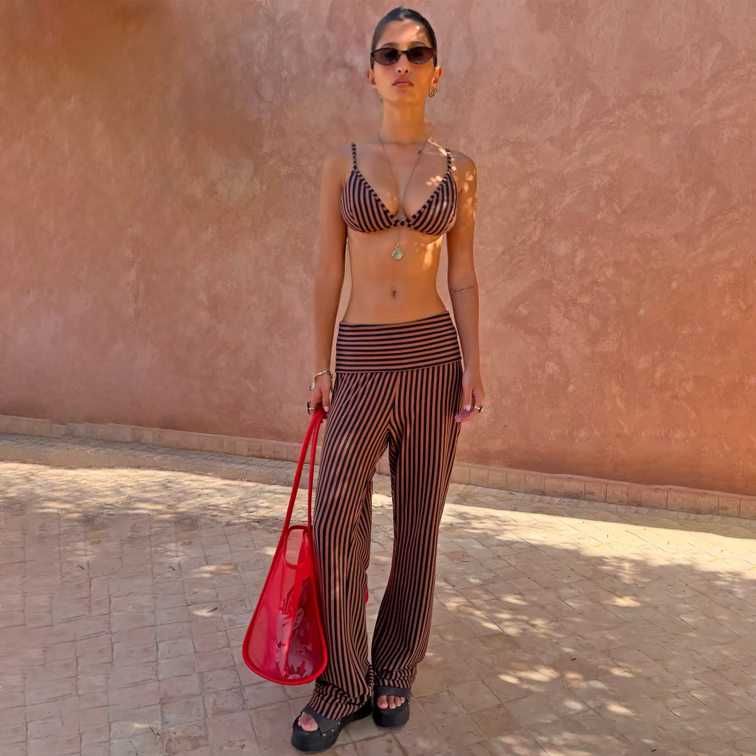 Chocolate Stripe Fold Over Trousers sold by Never Fully Dressed
