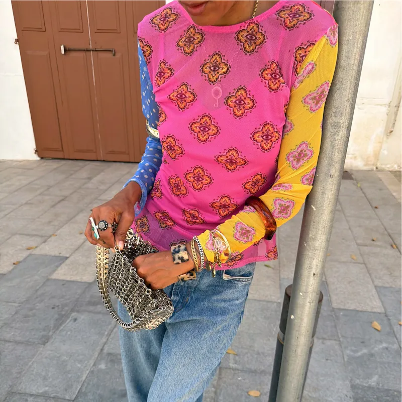 Pink Mix Tile Long Sleeve Mesh Top made by Never Fully Dressed