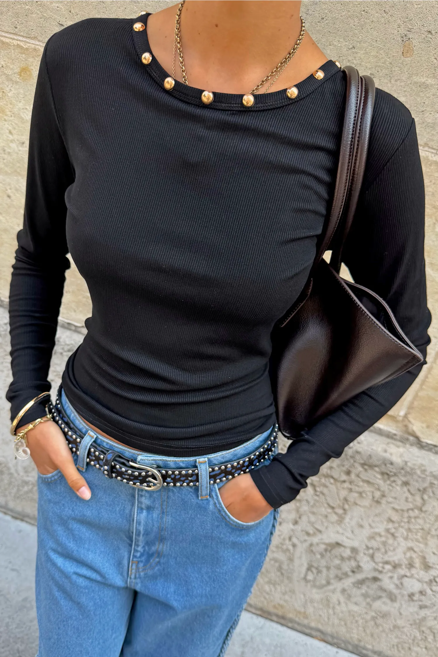 Black Stud Long Sleeve Rib Top sold by Never Fully Dressed product image thumbnail 2