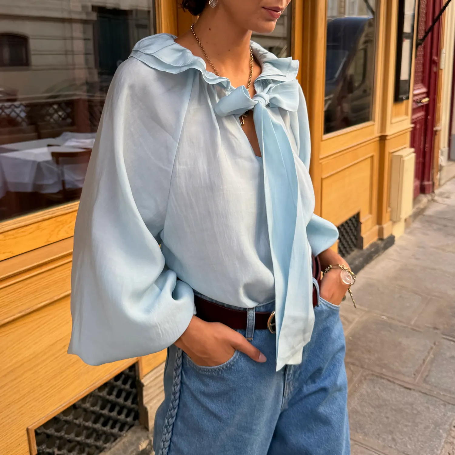 Ice Blue Ruffle Shirt sold by Never Fully Dressed