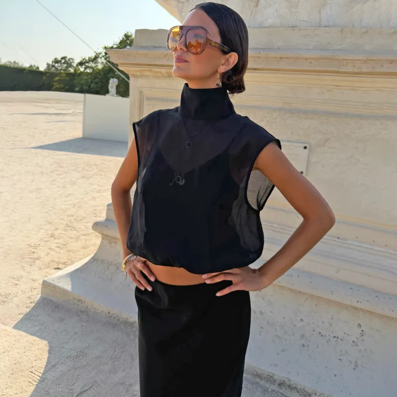 Black Organza Funnel Neck Zip Top made by Never Fully Dressed