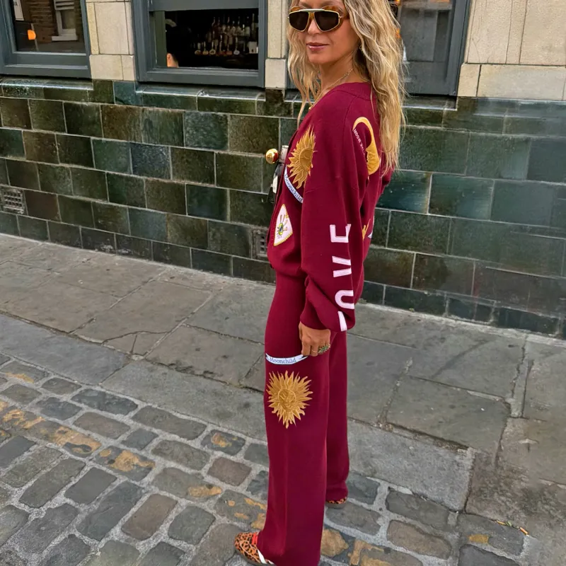 Burgundy Mystical Wide Leg Knit Joggers made by Never Fully Dressed