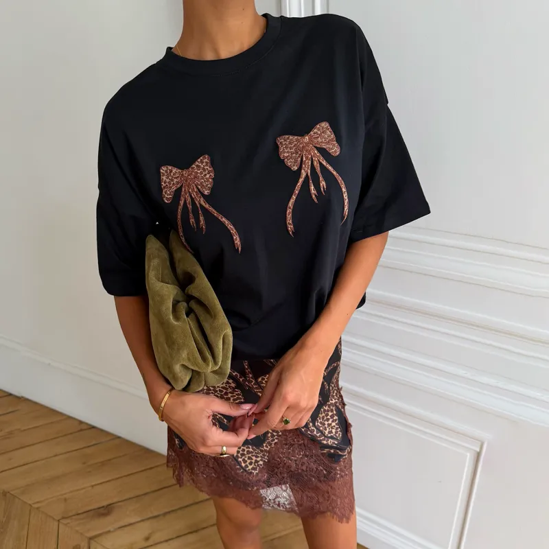Black Leopard Bow T-Shirt made by Never Fully Dressed