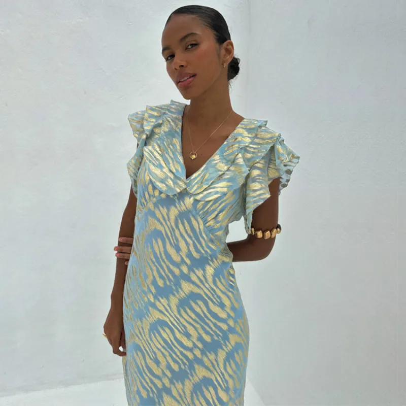 Blue Jacquard Tilda Maxi Dress sold by Never Fully Dressed