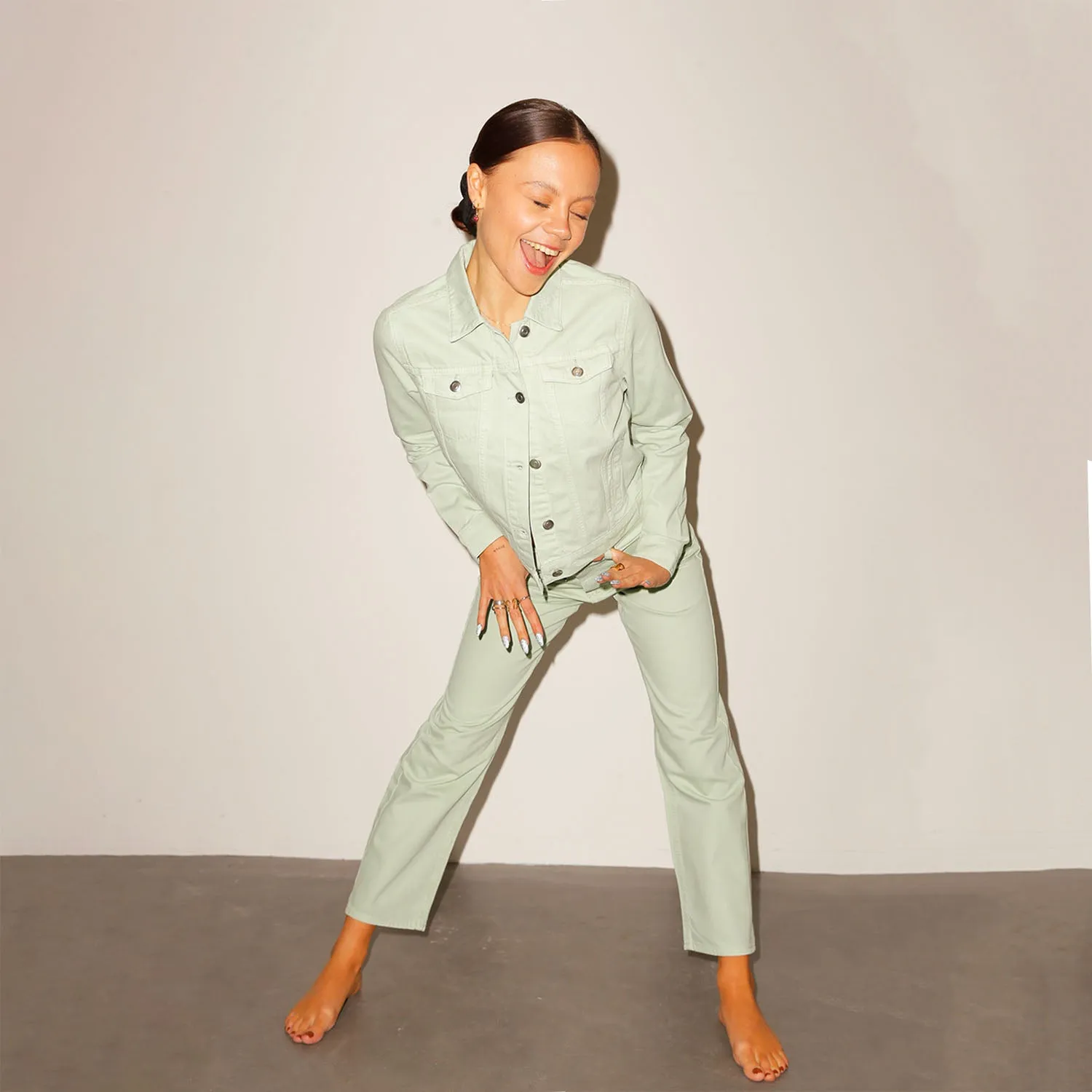 Pistachio Denim Jean Jacket sold by Never Fully Dressed