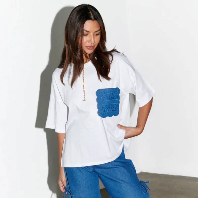 White Denim Pocket T-shirt sold by Never Fully Dressed