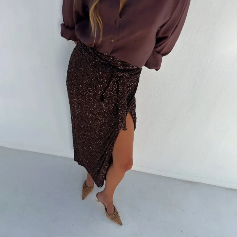 Chocolate Sequin Jaspre Skirt sold by Never Fully Dressed