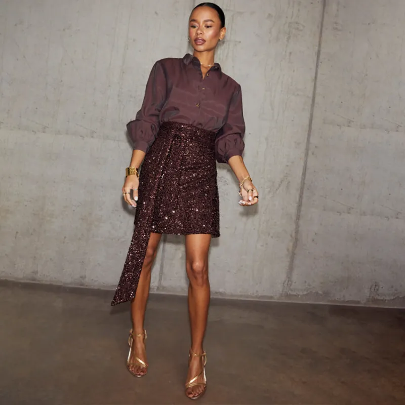 Chocolate Sequin Mini Jaspre Skirt Petite sold by Never Fully Dressed