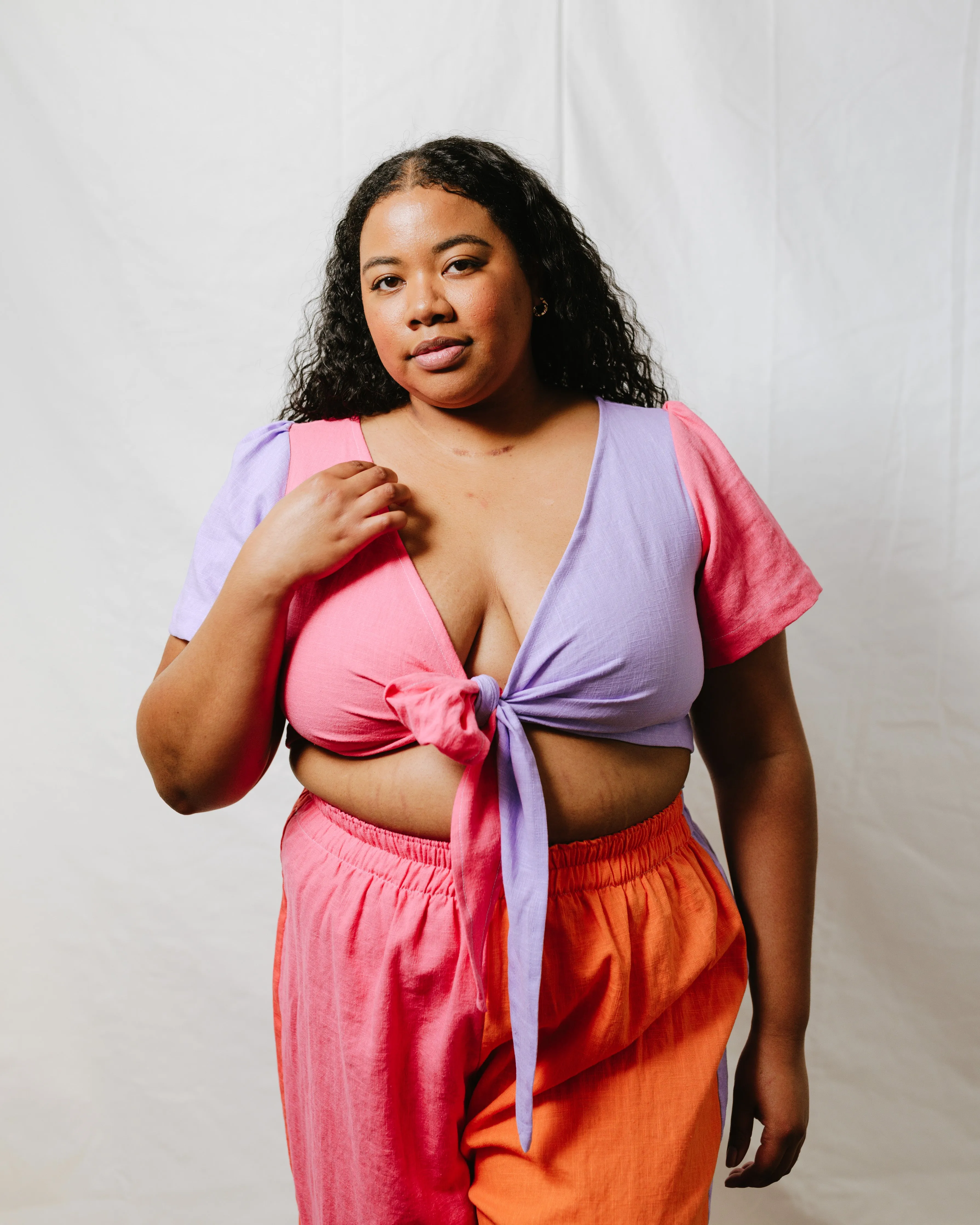 Tied Back to Front Top in Lavender + Carnation Linen sold by Nettle Studios