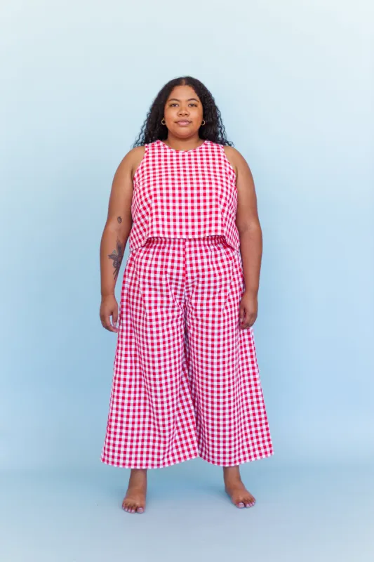 Mid Easy Flare in Red/White Gingham Cotton Linen sold by Nettle Studios