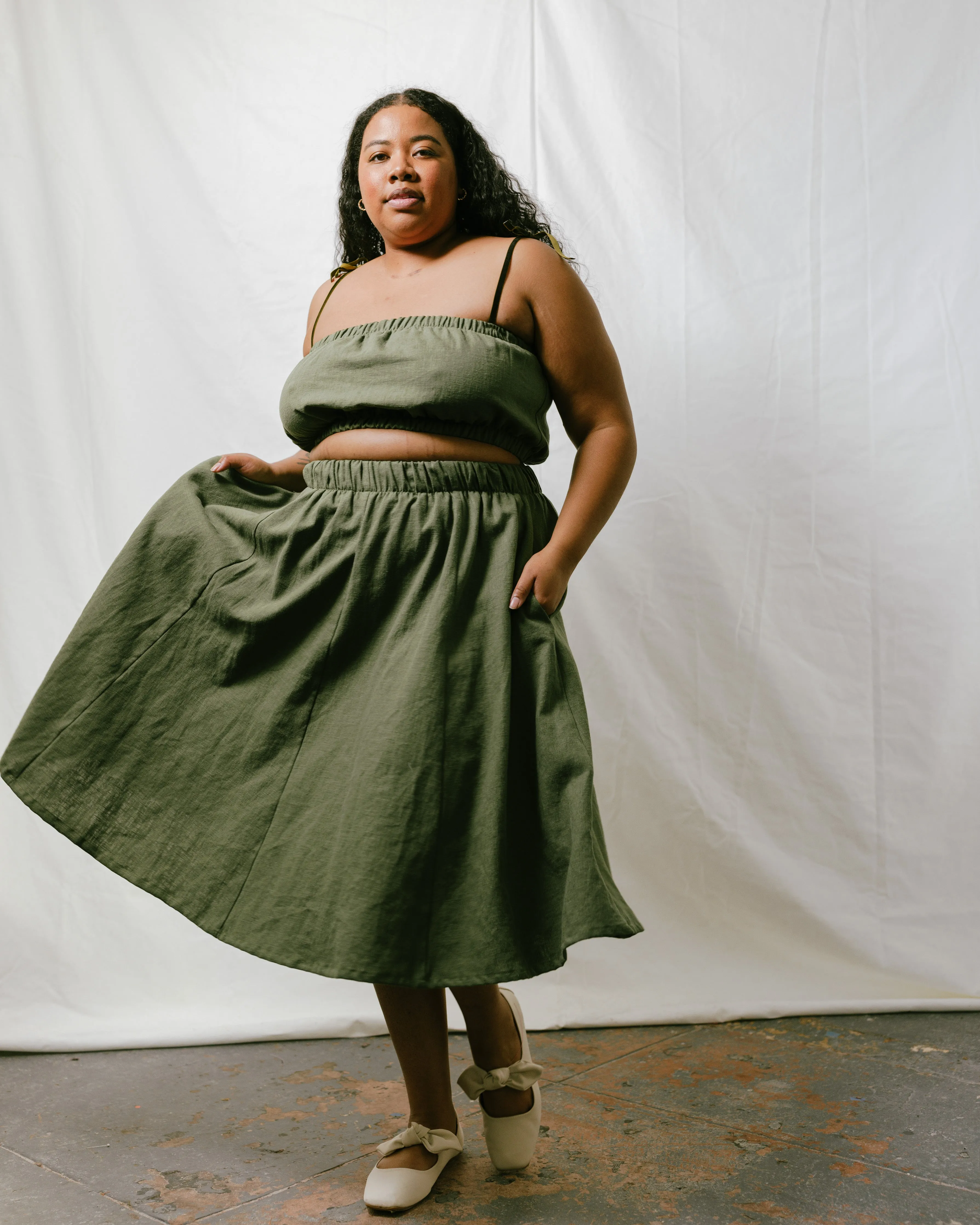 Midi Skirt in Olive Linen sold by Nettle Studios