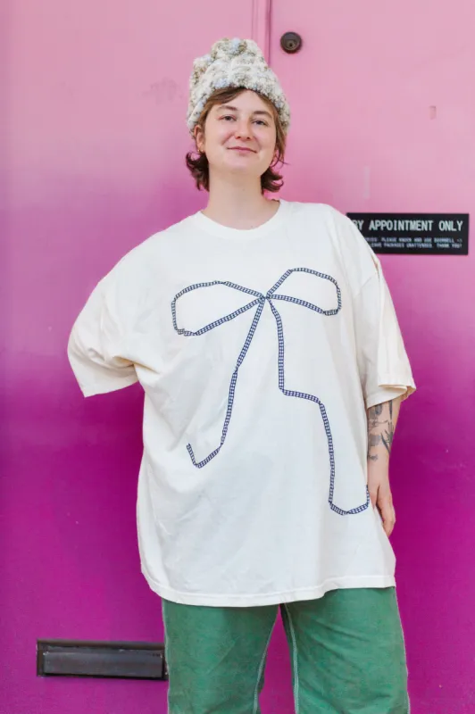 Bow T-Shirt - Cream/Black Gingham - 4X (RTS) sold by Nettle Studios