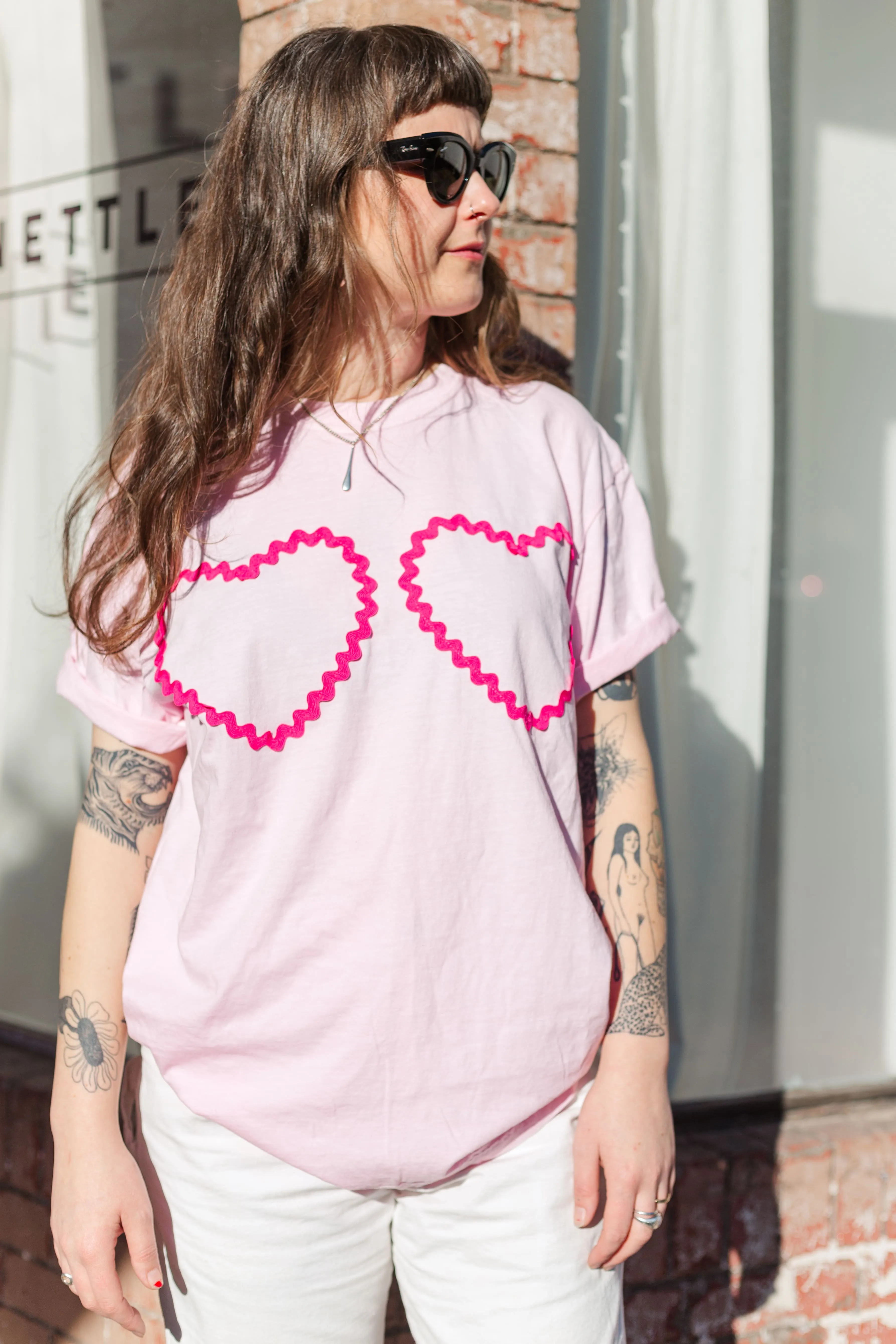 Heart T-Shirt - Pink/Hot Pink Double Heart - Size L (RTS) sold by Nettle Studios product image thumbnail 2