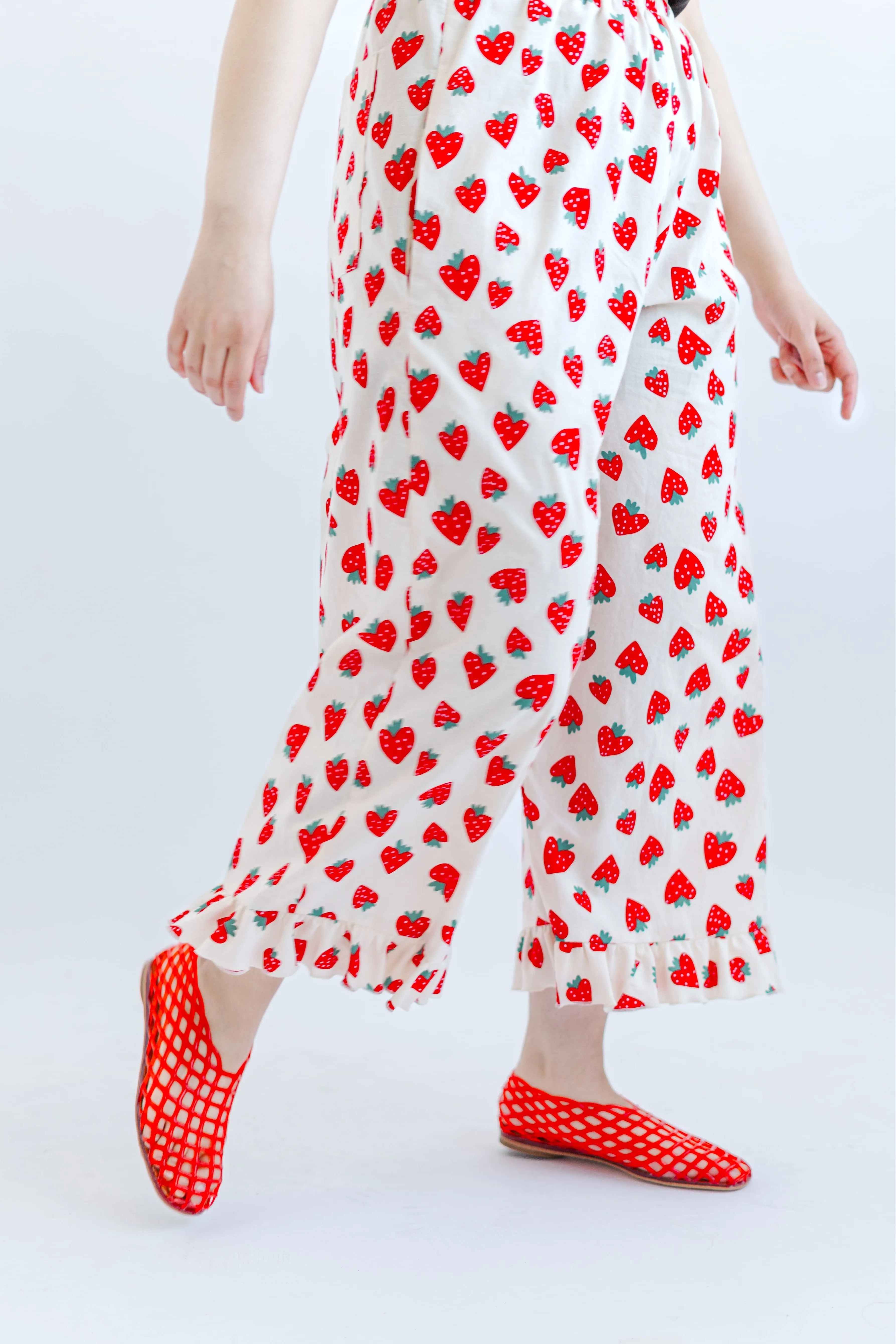 Ruffle Pants in Strawberry Cotton Poplin sold by Nettle Studios