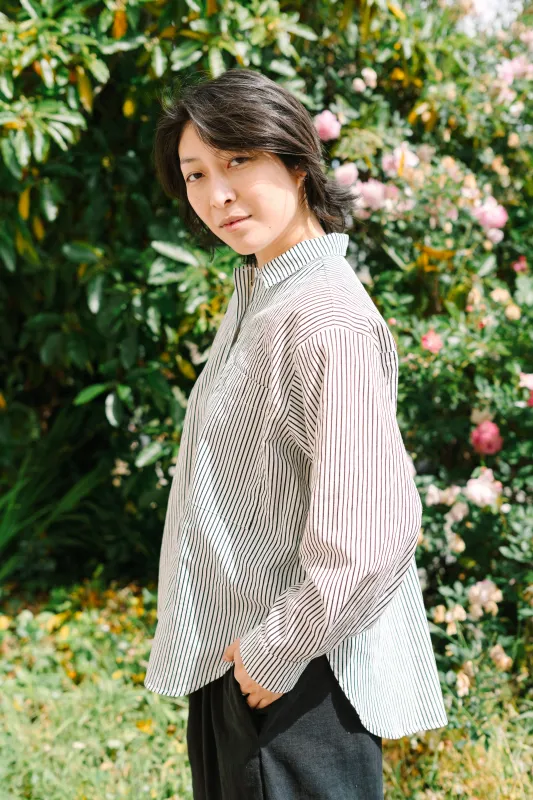 Soft Volume Long Sleeve Top in Striped Linen (RTS) sold by Nettle Studios