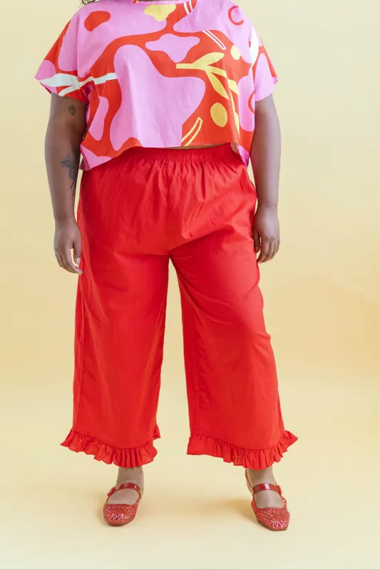 Ruffle Pants in Cherry Linen made by Nettle Studios