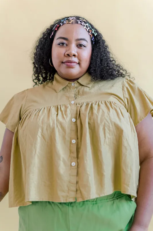 Button Mushroom Top in Endive Linen sold by Nettle Studios