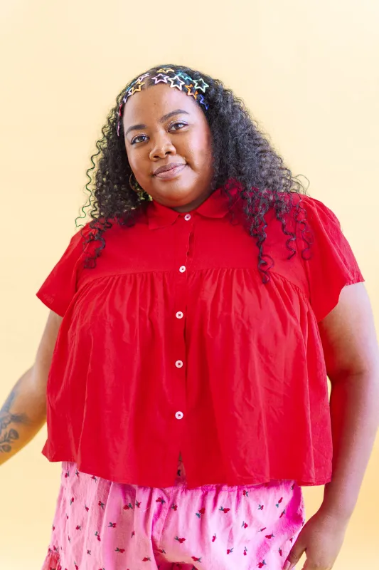 Button Mushroom Top in Cherry Linen sold by Nettle Studios