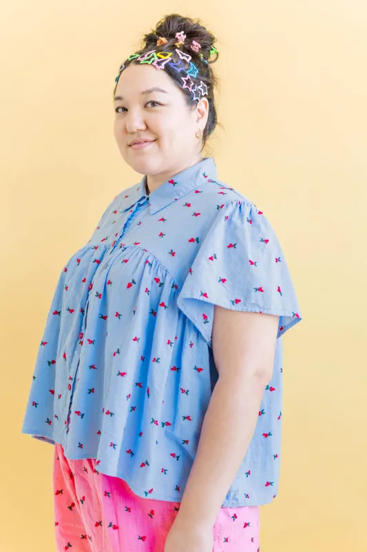 Button Mushroom Top in Cornflower Cherry Cotton sold by Nettle Studios