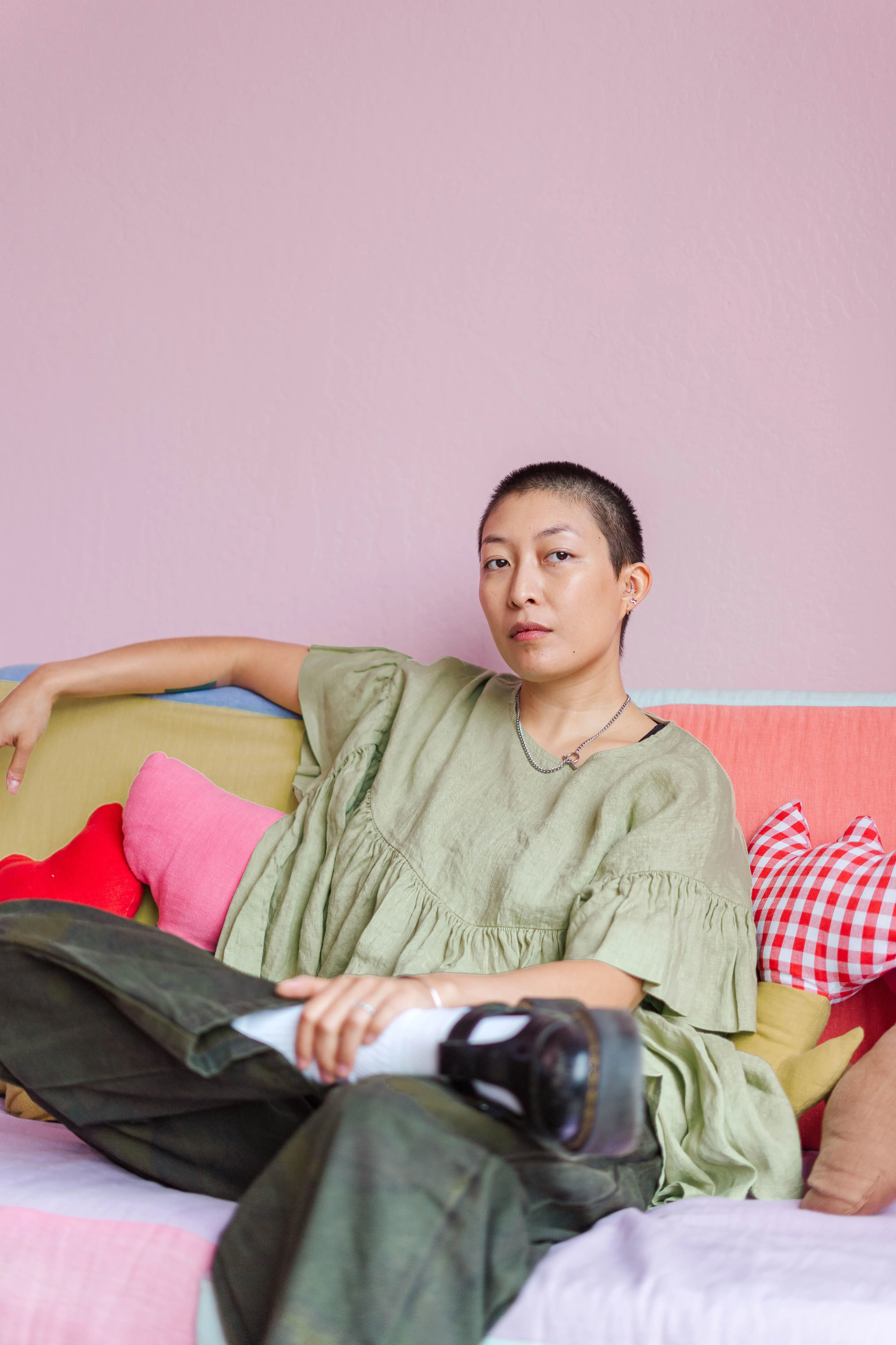 Mushroom Top in Celery Linen sold by Nettle Studios