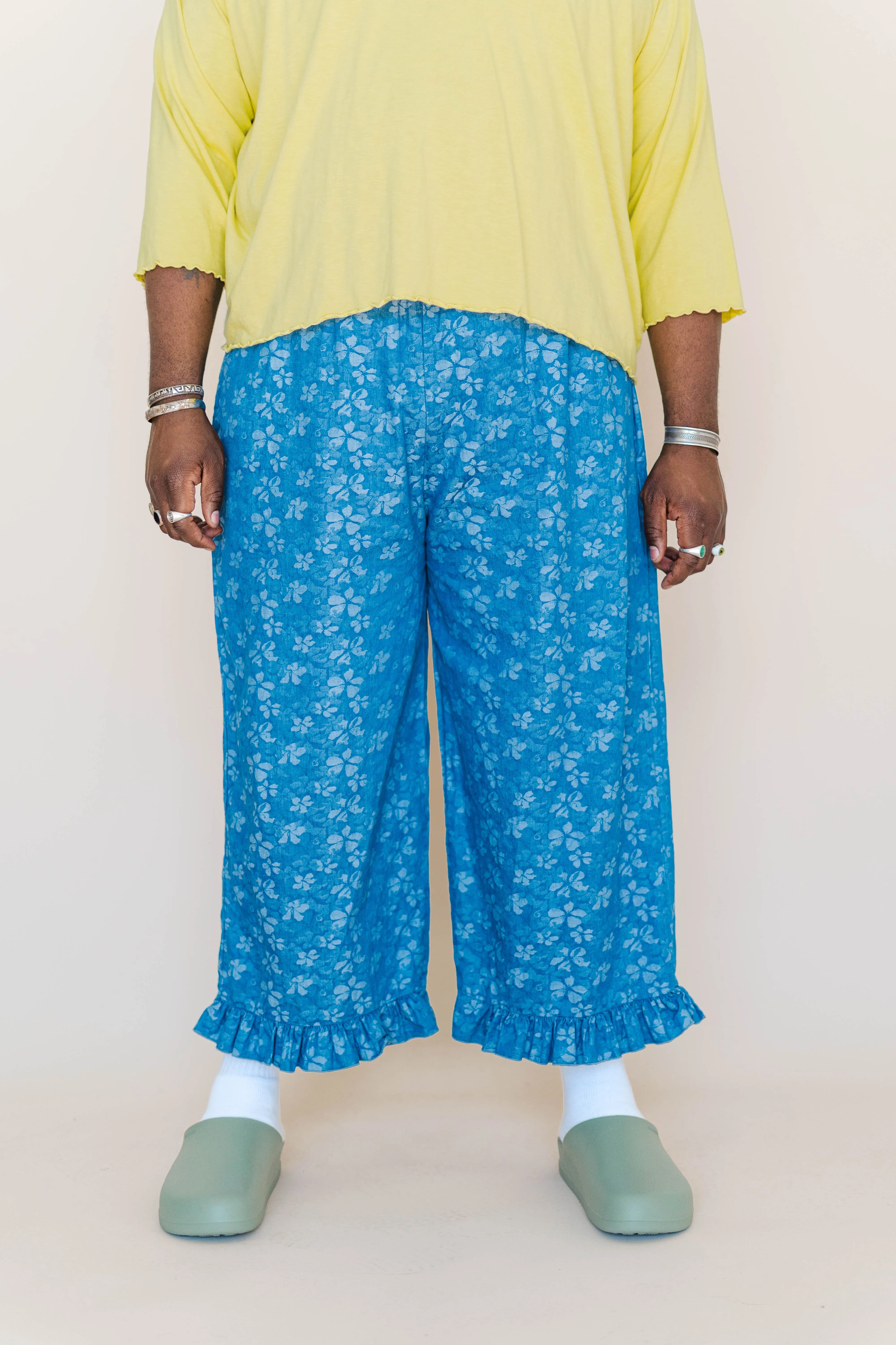 LIGHT FLORAL CHAMBRAY RUFFLE PANT sold by Nettle Studios
