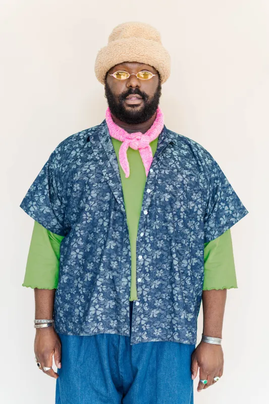 Dark Floral Chambray Boxy Collared Tunic sold by Nettle Studios