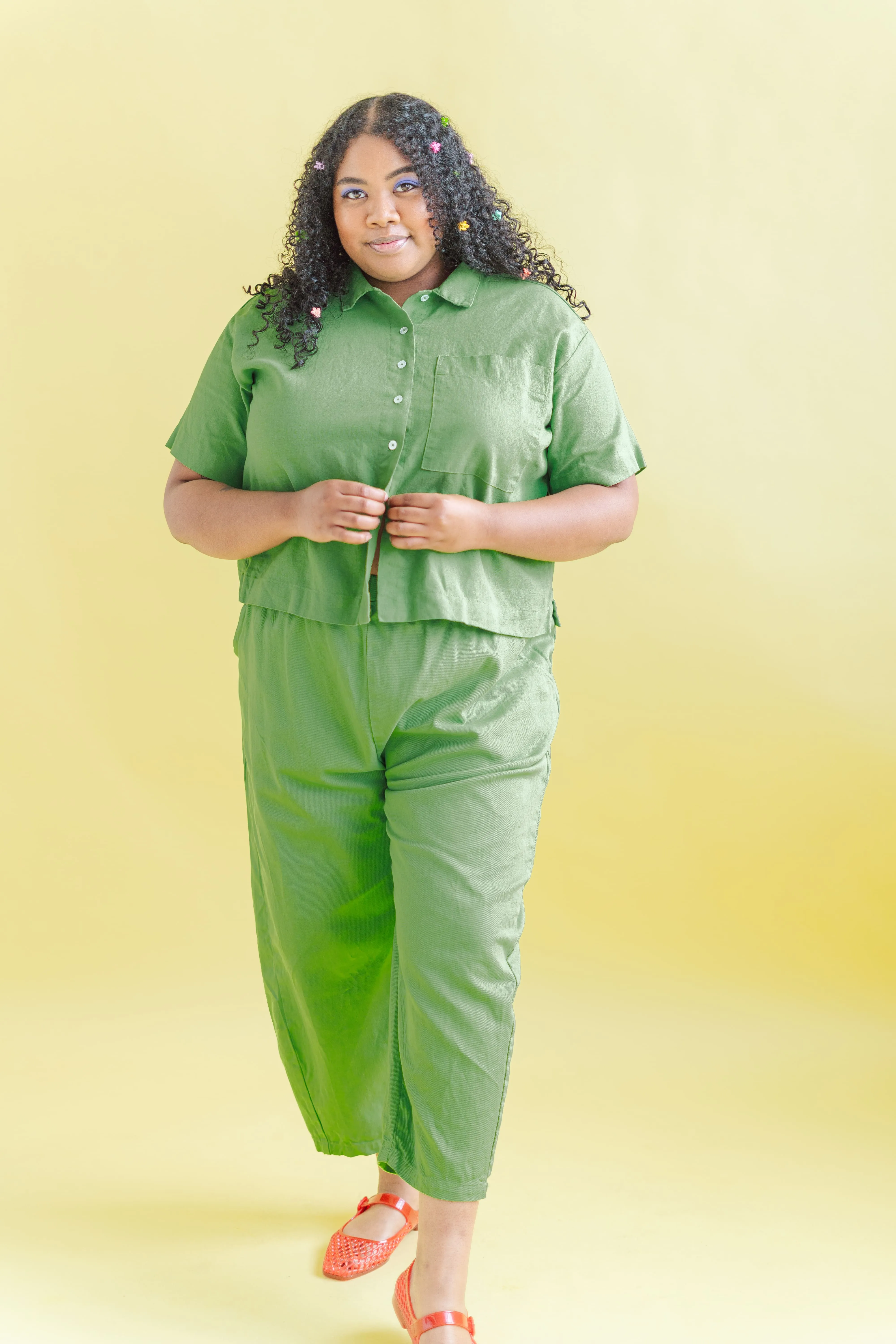 ACID GREEN LINEN BOXY COLLARED TOP sold by Nettle Studios product image thumbnail 3