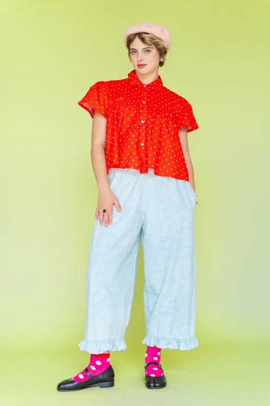 BLEACHED FLORAL CHAMBRAY RUFFLE PANTS made by Nettle Studios