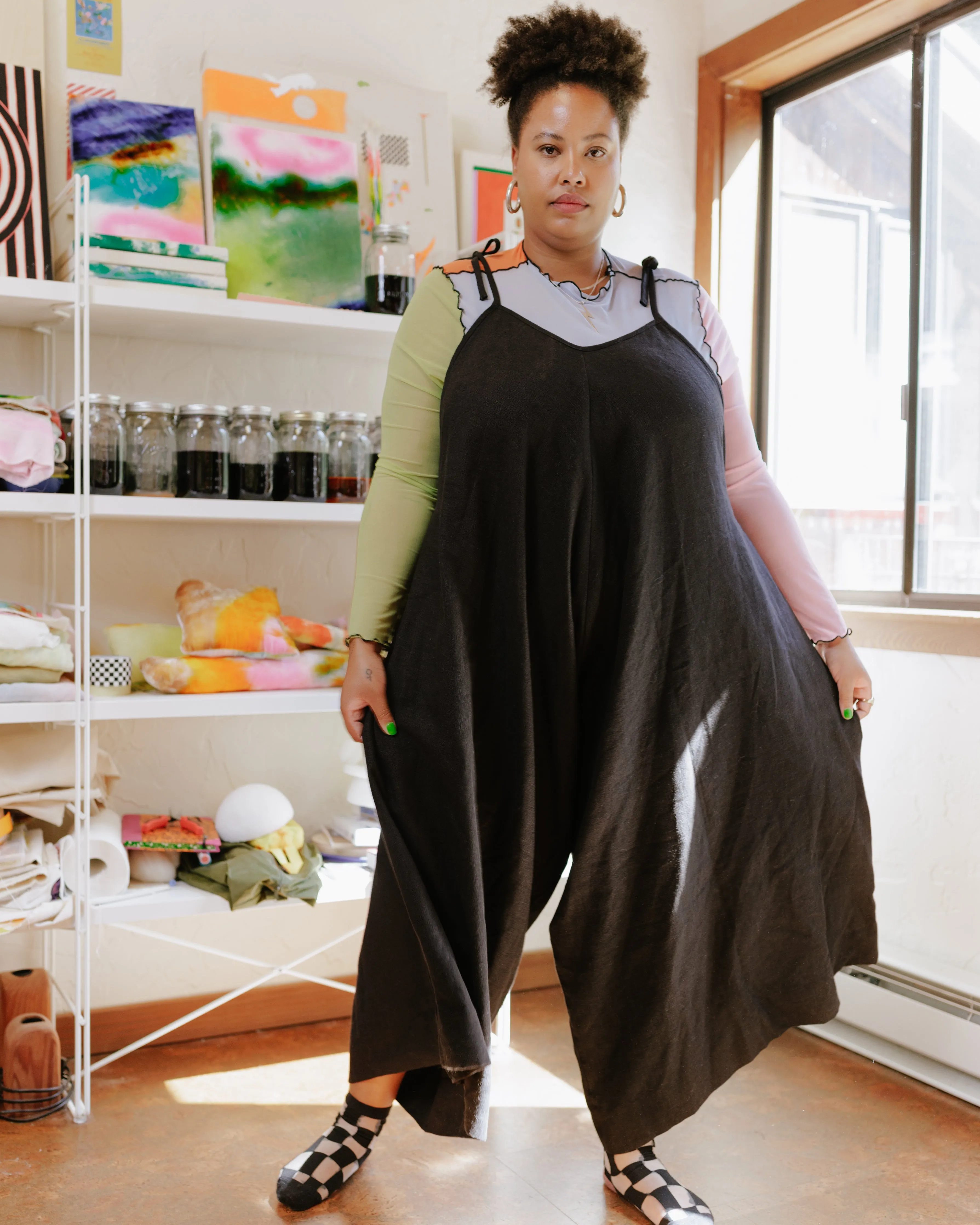 Wide Leg Overalls in Black Linen sold by Nettle Studios