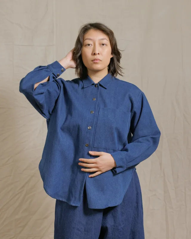 Soft Volume Long Sleeve Top in Indigo Denim (RTS) sold by Nettle Studios