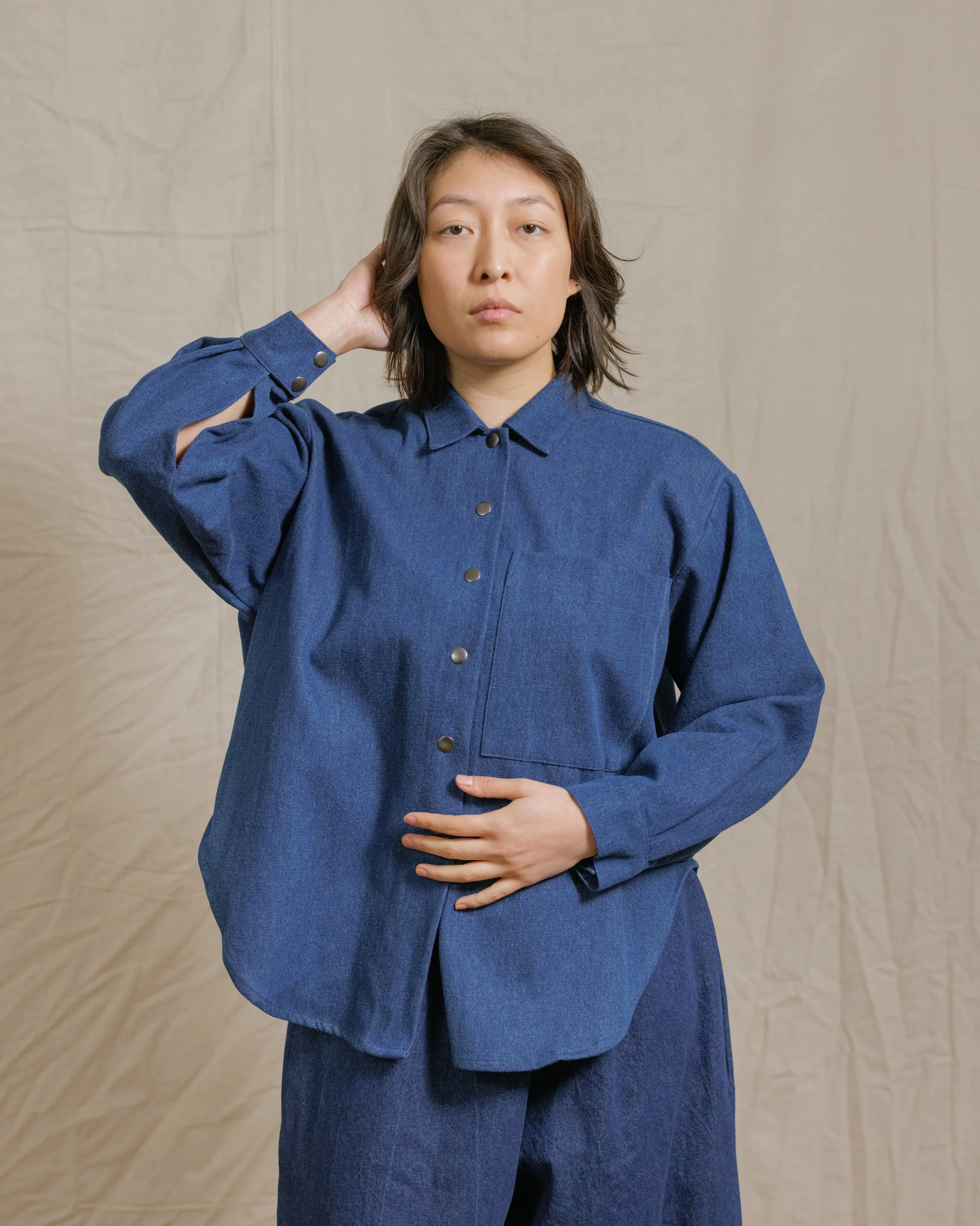 Soft Volume Long Sleeve Top in Indigo Denim (RTS) sold by Nettle Studios