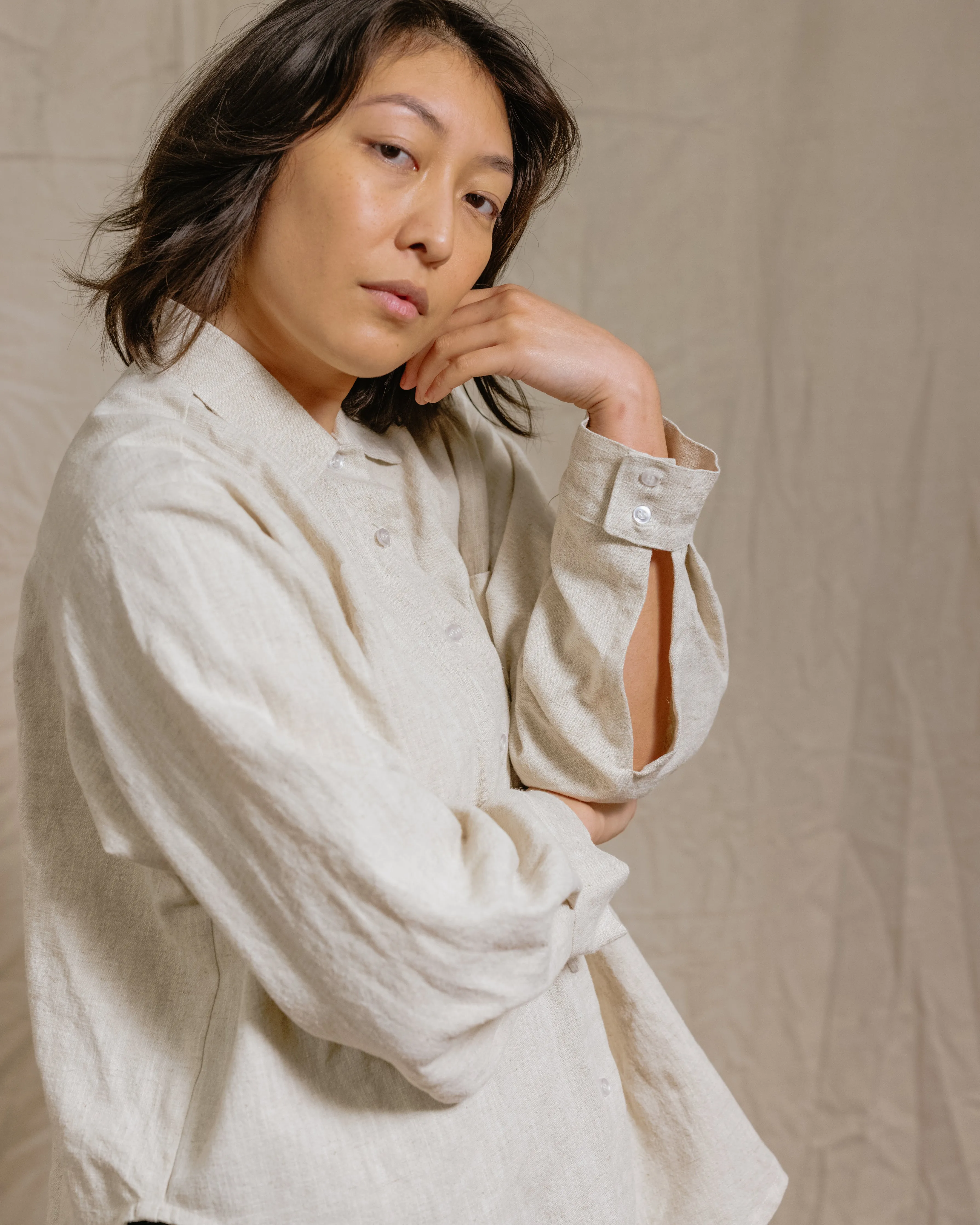 Soft Volume Long Sleeve Top in Oat Milk Linen (RTS) sold by Nettle Studios