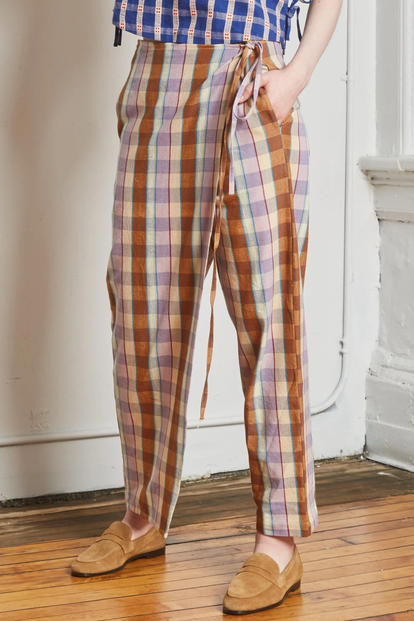 HALF WRAP PANT | CHESTNUT CHEX sold by Rujuta Sheth