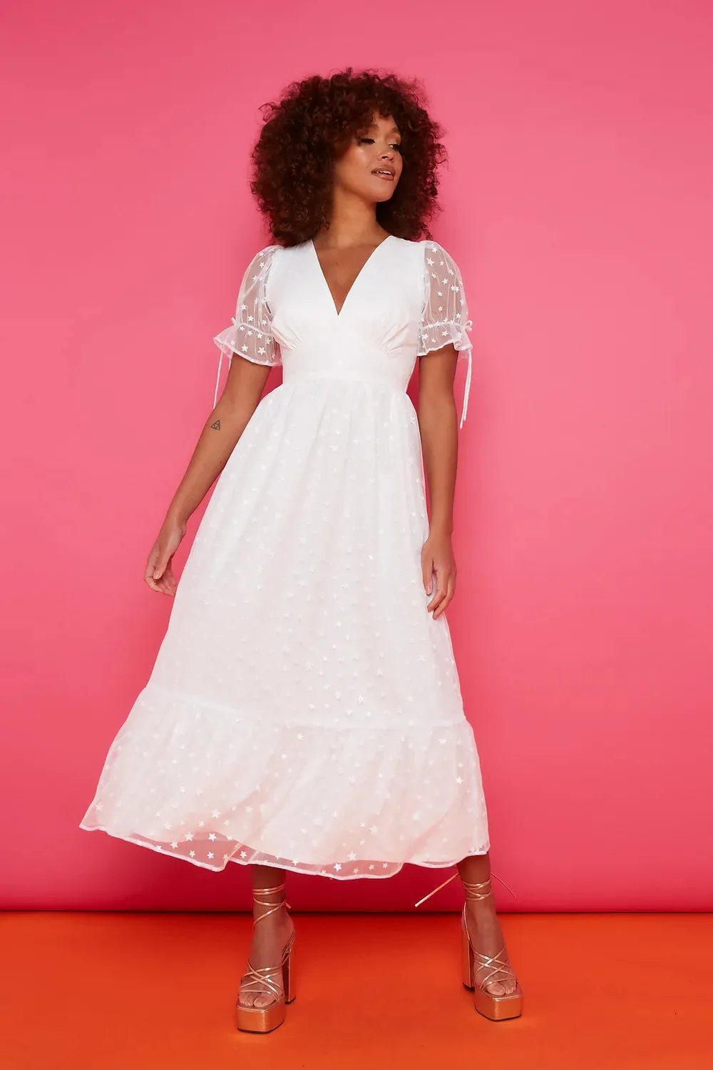 Paloma Dress - Ivory Star Midi Length sold by Molby the Label