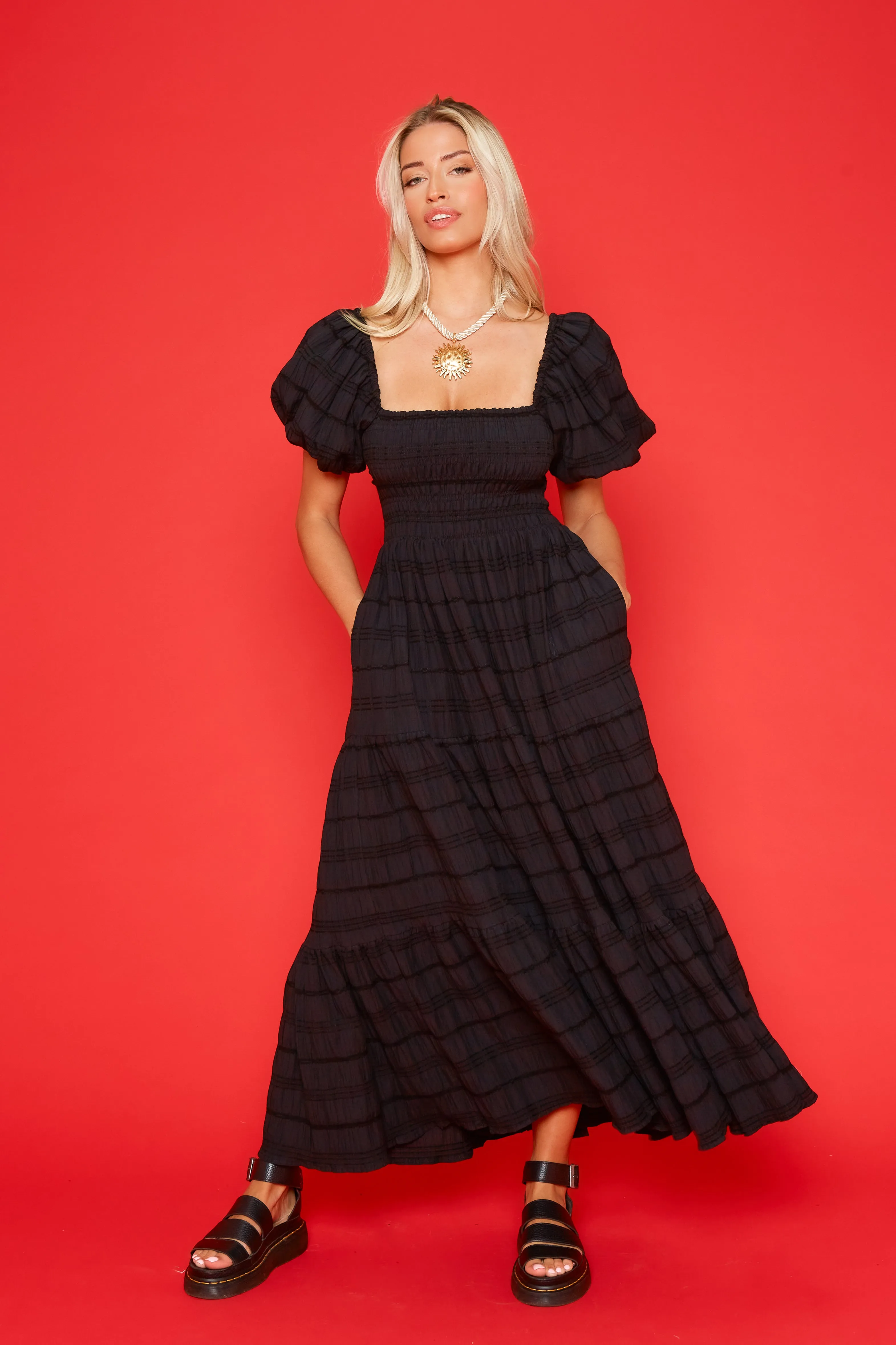 Olive Dress - Black Smocked Cotton Midi sold by Molby the Label