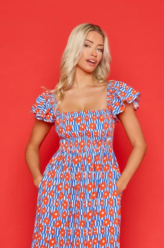 Nancy Dress - Orange & Blue Molby Floral STOCK sold by Molby the Label