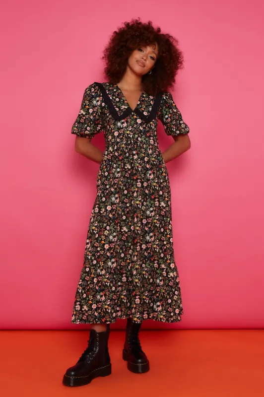 Bertie Dress - Black Floral Midi STOCK sold by Molby the Label