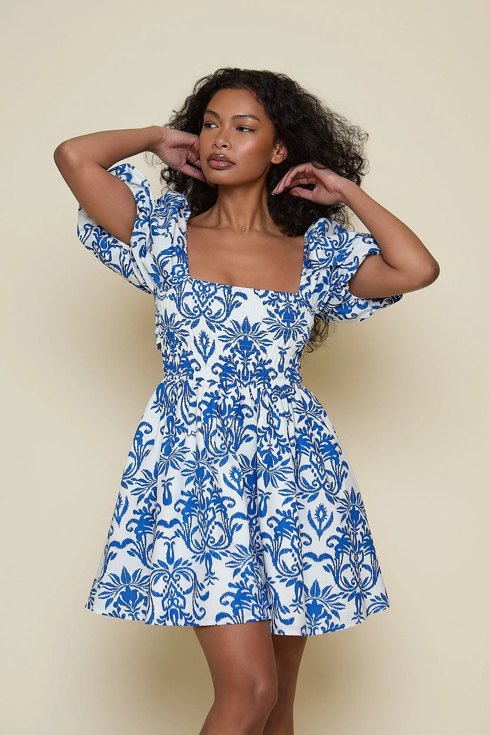 Olive Mini Dress - Blue Baroque print sold by Molby the Label