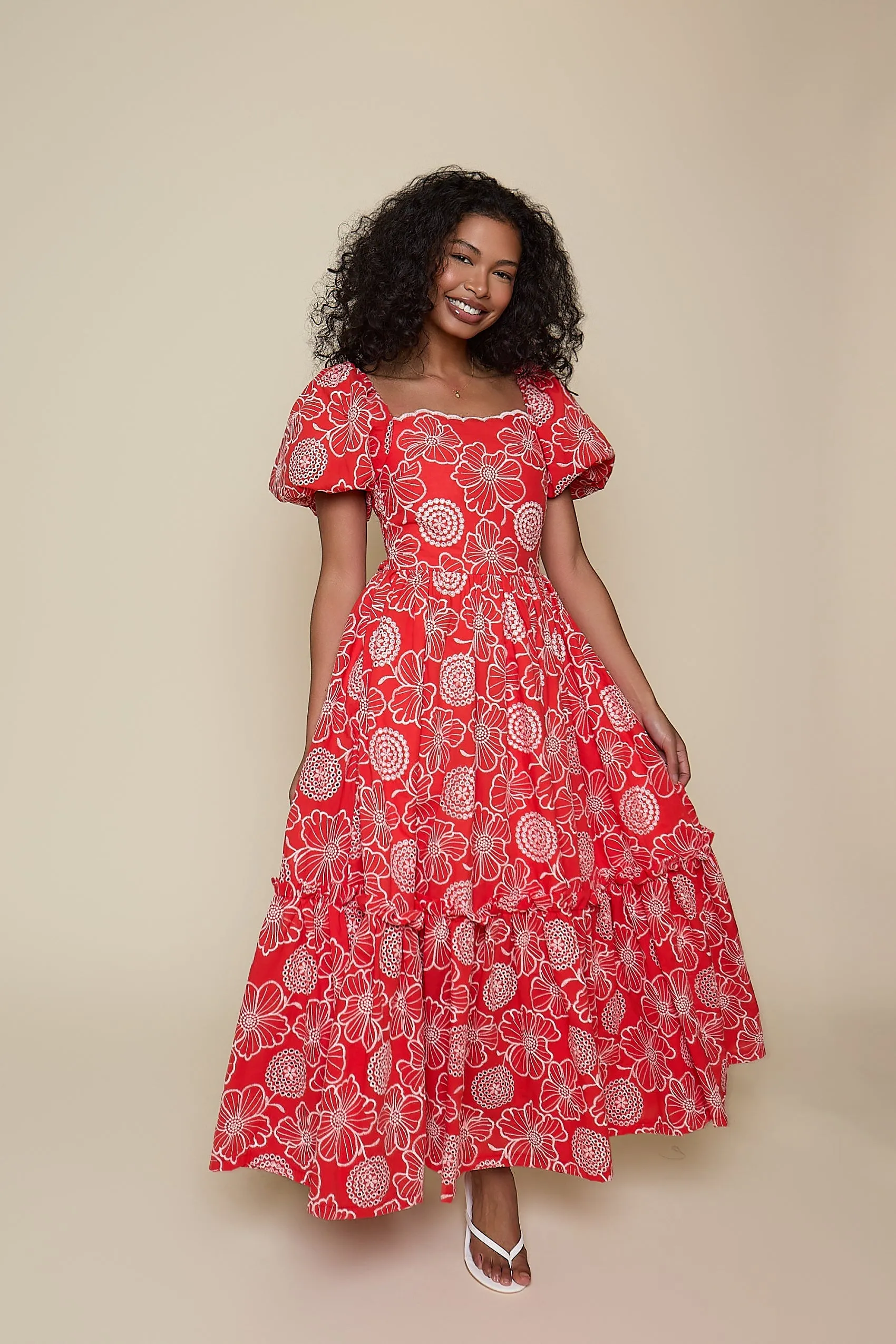 Madeline Dress - Coral Embroidered Floral sold by Molby the Label