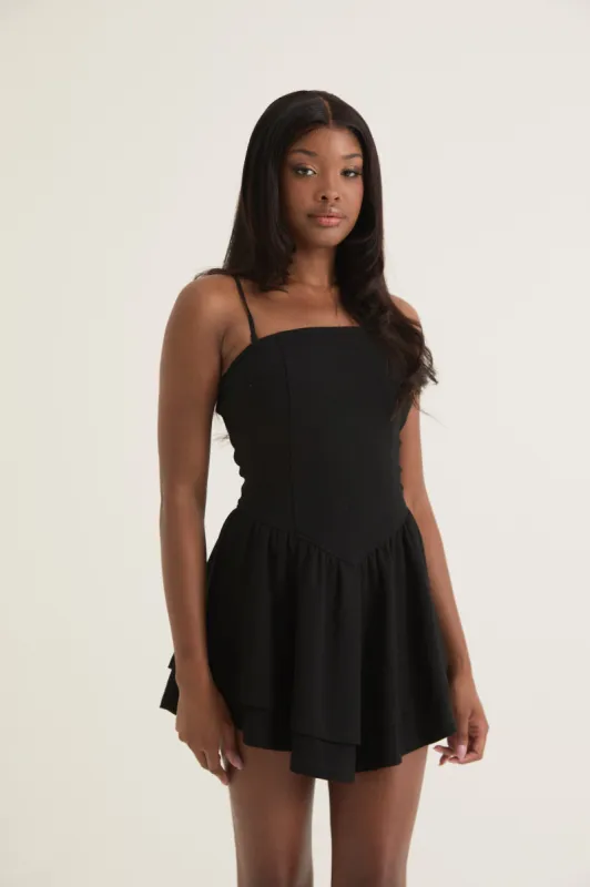 Double-Tiered Flounced Dropped Waist Mini Dress | Black sold by Alana Eve
