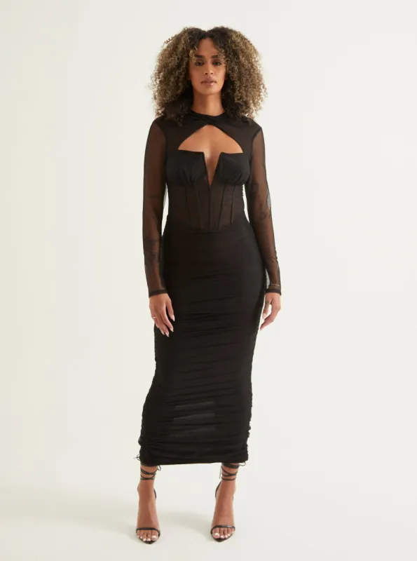 Mesh Corset Ruched Midi Dress | Black sold by Alana Eve