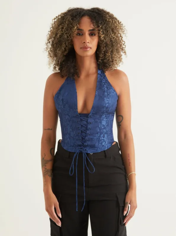 Deep V Neckline Corset Halter Top | Blue sold by Alana Eve