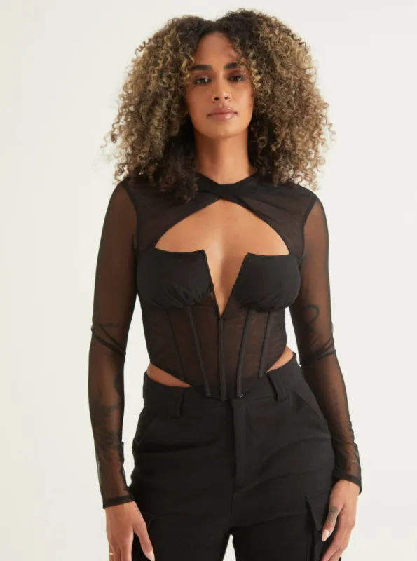 Mesh Corset V Neck Top | Black sold by Alana Eve