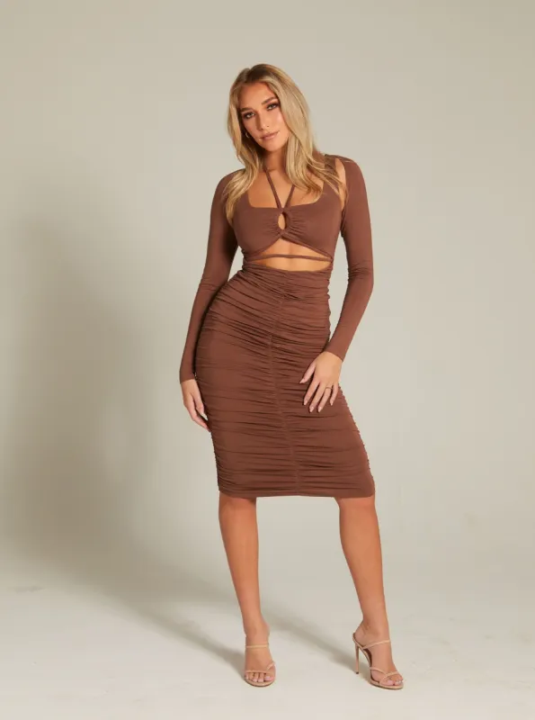Bodycon Ruched Cut-Out Midi Dress | Coffee & Raspberry sold by Alana Eve