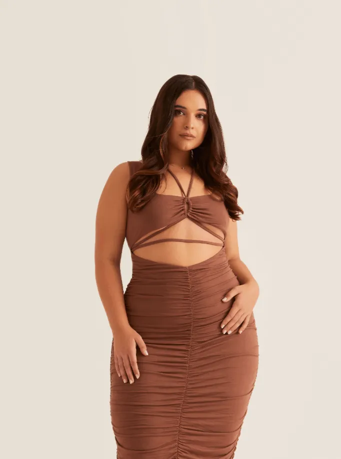 Bodycon Ruched Cut-Out Midi Dress | Coffee & Raspberry sold by Alana Eve product image thumbnail 5