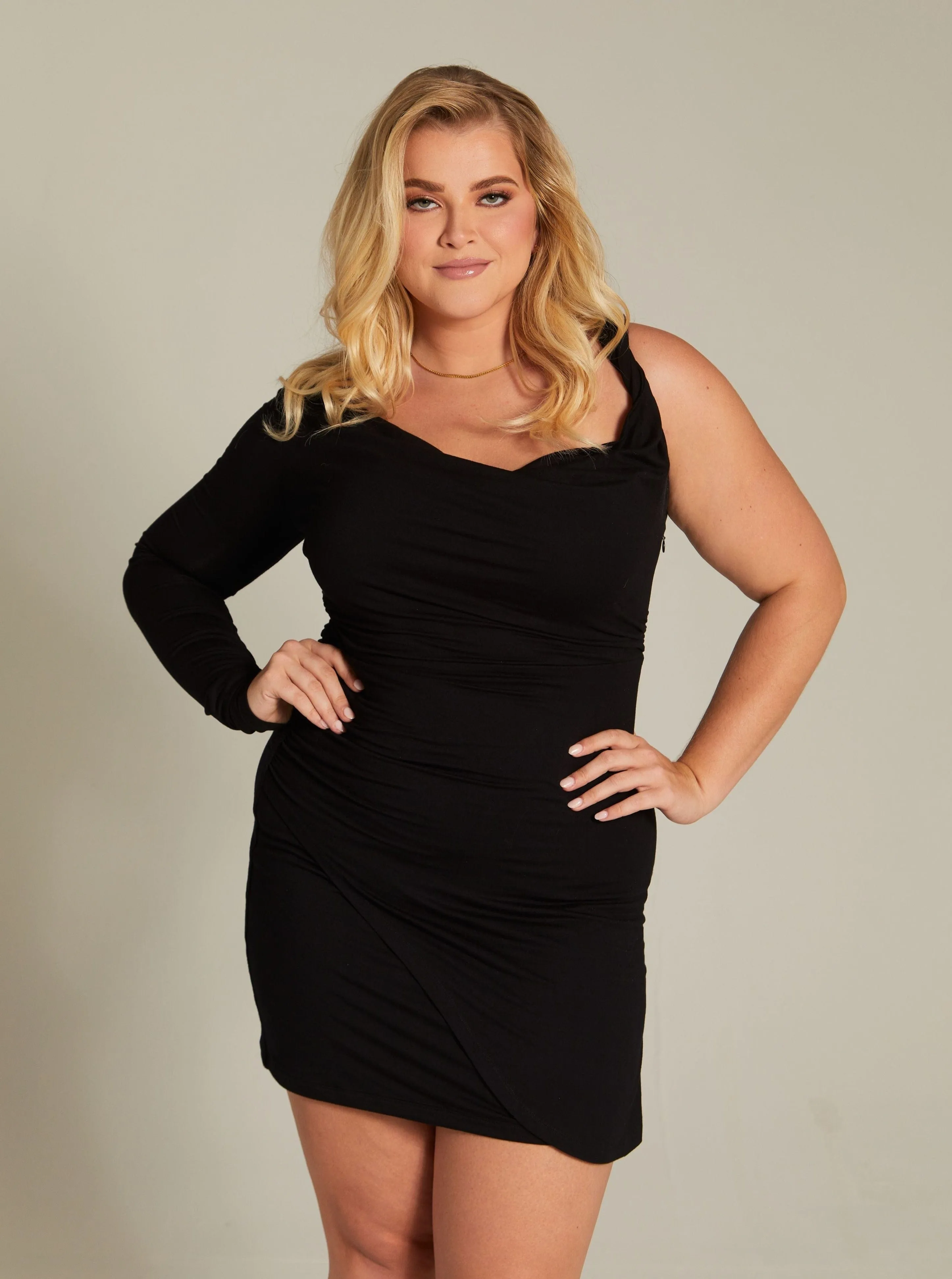 One Shoulder Long Sleeve Mini Dress | Black & Raspberry sold by Alana Eve product image thumbnail 3