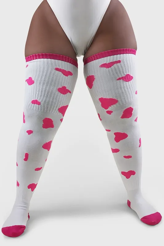 Thunda Tūbbies - Cow Print (White w/Neon Pink Spots) sold by Thunda Thighs